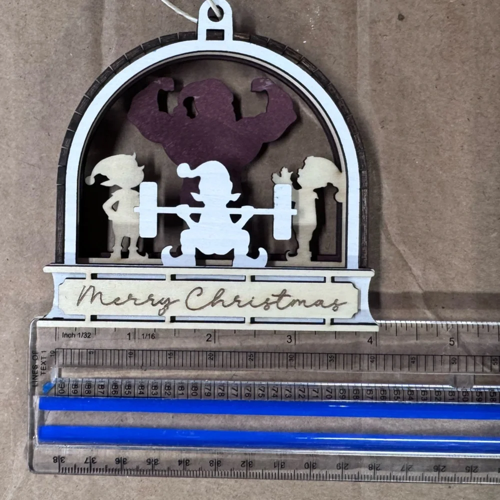 3/$20 Wooden Ornament – Santa Weightlifting with Elves – Gym / Fitness Theme